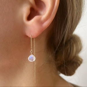 Moonstone Threader <b>Earrings</b> Gold Minimalist Dainty Jewelry June Birthstone Handmade Elegant <b>Earrings</b> for Women Gift - Product Image 1