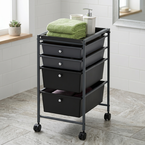 Minimalist 4-Tier <b>Storage</b> Cart with Wheels Black Plastic <b>Drawers</b> on Metal Frame for <b>Office</b> Organization - Product Image 2