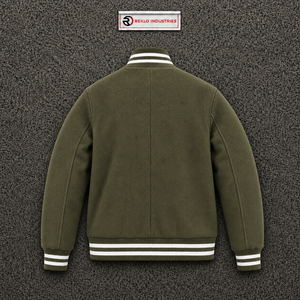 Chaqueta universitaria de lana color oliva para hombre, chaqueta de béisbol personalizada con letras, con cuello, puños y dobladillo acanalados con rayas blancas, estilo clásico. - Product Image 6