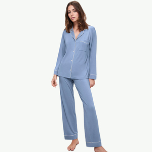 Ensemble de pyjama pour femmes en coton 100% respirant, manches longues, boutons sur le devant, bleu marine uni, vêtements de nuit classiques, deux pièces, vêtements de maison - Product Image 5