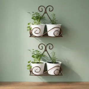 Support mural décoratif en métal pour plantes avec un design élégant en volutes, étagère double pour pots de fleurs pour l'intérieur - Product Image 5
