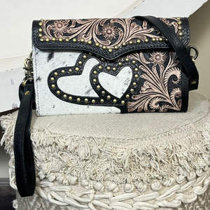 Vintage Western Style Hair On Hide Tooled Leather Shoulder Crossbody Mini <b>Bags</b> New Heart Design Artwork Clutches For Women's - Product Image 4