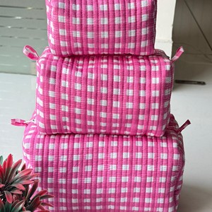 Pink Gingham Toiletry Bag Quilted Storage Box Set Three Layer Cosmetic Organizer Multi Function Textile <b>Case</b> - Product Image 1