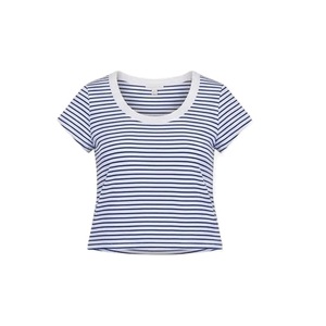 Women's Casual Cap Sleeve Scoop Neck T Shirt Blue And White Striped Short Sleeve Tee supplier from Bangladesh - Product Image 1
