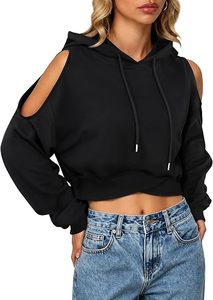 Sudadera Corta con Capucha Negra para Mujer, Hombros Caídos, Manga Larga, Tejida, Sólida, Informal, Invierno, Transpirable, Poliéster, Bordada - Product Image 6