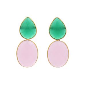 Boucles d'oreilles en argent sterling 925 plaqué or bijoux à goutte courte avec onyx vert et pierre de calcédoine rose pour filles et femmes - Product Image 1