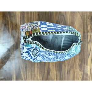 Bohemian Textile Cosmetic Bag Medium Size Zipper Closure Multi-Function Patterned Pouch Blue White Geometric Design - Product Image 1