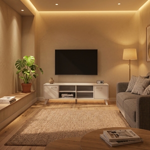 Meuble TV moderne 2637 en bois avec 2 portes latérales de rangement et étagères centrales ouvertes, centre de divertissement pour salon, console multimédia - Product Image 1