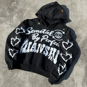 Sweats à capuche streetwear effet vieilli pour hommes, avec strass et designs personnalisés, en molleton 100% coton délavé à l'acide, style pull-over de survêtement - Product Image 1