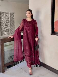 LD CREATION LJ-543 Vert foncé Brodé Organza doux Réversible 3 pièces Moderne Sans plis Costume Salwar Kameez pakistanais en tissu filet - Product Image 3