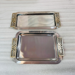 Juego de bandejas rectangulares de metal plateado con asas geométricas doradas, utensilios de cocina, artesanía, centro de mesa decorativo moderno, regalo - Product Image 1