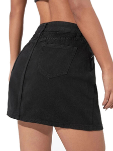 Mini-jupe décontractée en jean pour femme, taille régulière, avec ceinture, coupe droite ajustée, longueur genou, style streetwear estival, en coton, imprimé brodé - Product Image 3