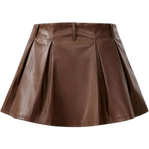 Jupe courte plissée évasée en similicuir marron pour femme avec short intégré – Jupes en cuir pour femme - Product Image 2