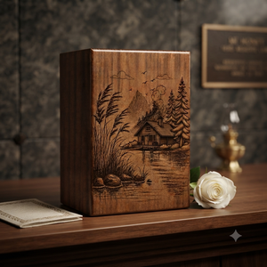 Urna de Madera Conmemorativa, Caja para Guardar Cenizas, Diseño de Bosque de Pinos y Lago, para Recuerdo - Product Image 2