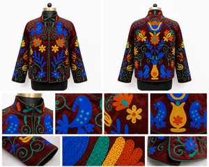 Bird Embroidery Bomber Jacket Handmade <b>Needlework</b> Women Rust Velvet Party Wear Masterpiece Cotton Lining Side Pockets Coat - Product Image 6