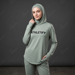 Custom Logo Ladies Hoodjab with Integrated Hijab Insert Customizable Sports Branding Stretch Running Shirt Yoga Thumb Slot Cuffs - Product Image 1
