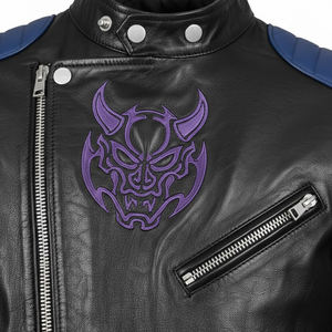 Blouson de motard en cuir noir pour homme, coupe-vent gothique à capuche avec broderie flamme violette, manteau de moto personnalisé, veste streetwear d'hiver - Product Image 4