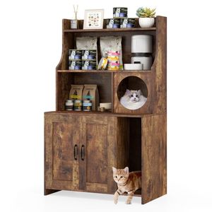 Modern Industrial Wooden <b>Cat</b> Litter <b>Box</b> Enclosure with Storage Shelves - Product Image 1