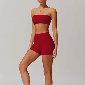 Women 2 Piece Yoga Set Double Layer Strap <b>Crop</b> <b>Top</b> High Waist Shorts Solid Red Seamless Spandex/Nylon Breathable Sheer Mesh - Product Image 4