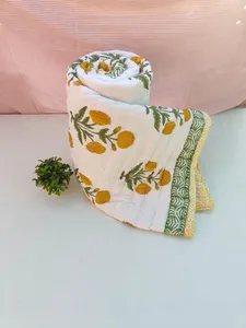 Premium 100% Cotton Yellow Floral Block Print Reversible Razai Soft Warm <b>Winter</b> Blanket Hand Printed Ethnic Indian Bed <b>Quilt</b> - Product Image 2