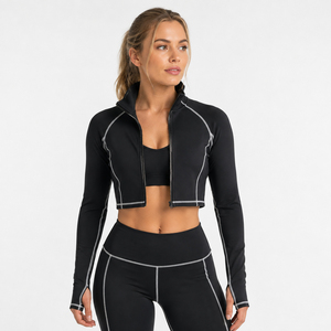 Wholesale Crop <b>Yoga</b> Training <b>Jacket</b> Women Gym Outerwear Crop Coat Spandex Polyester Crop Zipper Ladies Workout Wear Short <b>Jacket</b> - Product Image 1