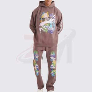 Conjunto Deportivo para Hombre con Capucha, Estampado Abstracto Pintado a Mano, Manga Larga, Corte Holgado, 100% Algodón, Estilo Urbano, Color Marrón - Product Image 1