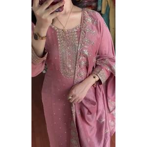 SRK Handmade Embroidered Organza Tunic Top-Bottom and Dupatta <b>Set</b> with Embroidery Sequence Work XL Size - Product Image 1