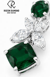 Pendientes de Gota con Esmeralda Corte Cojín Verde y Diamantes Marquise con Motivo Floral, Parte Superior Redonda, Joyería Fina de Lujo para Novia y Aniversario - Product Image 2