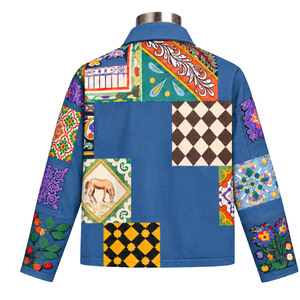 Chaqueta de Trabajo Azul Denim con Mosaico, Estampado Floral Colorido, Cierre de Botones, Estilo Casual Urbano, con Bolsillos Utilitarios - Product Image 2