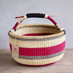 Masterpiece Seagrass Belly <b>Basket</b> <b>Woven</b> Natural Fiber Red <b>Black</b> Stripe Patterned Hotel Guest Room Laundry Storage Bin Box - Product Image 4