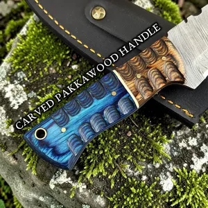 Cuchillo de caza de hoja fija de acero de Damasco con punta de gota y gancho para desollar, mango de madera verde, filo recto, OEM, 8 pulgadas, 2 hojas, para camping al aire libre - Product Image 6