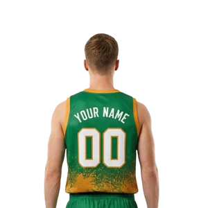 Ensemble d'uniformes de basketball personnalisés pour hommes, vert et or, maillot sans manches à col en V et short, imprimé éclaboussures, nom et numéro de l'équipe, vente en gros de tenues d'équipe - Product Image 5