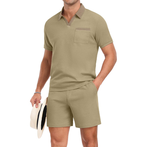 Nouvel ensemble polo et short blanc en coton pour homme 2026 avec poche, tenue décontractée d'été en tissu tricoté respirant - Product Image 6