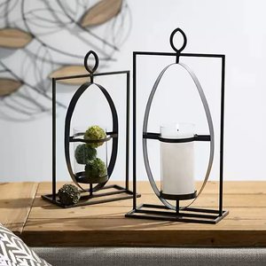 Geometric Oval Frame Metal Pillar Hurricane Candle Holders Set 2 Home <b>Decorative</b> Christmas Festivities Other Candle <b>Jars</b> - Product Image 1