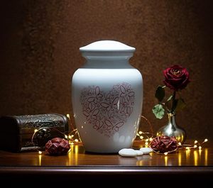 White Porcelain Pet Urn With Red Heart Butterfly Design Teardrop Shape Airtight Lid Simple Style - Product Image 3