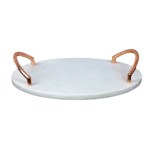 Luxury Round White Marble Serving <b>Tray</b> <b>with</b> Rose Gold <b>Handles</b> Portable Multifunction Kitchen & Living Room Tableware Organizer - Product Image 3