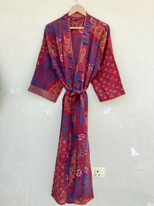 Handmade Vintage Indian Silk Chiffon Robe Dark Pink Recycled <b>Kimono</b> for <b>Women</b> Summer Essentials - Product Image 6