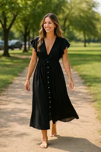 Vestido Largo Bohemio Negro para Mujer, de Algodón y Lino, Cuello en V, Manga Corta con Volantes, Cintura Ajustable con Cordón, Botones, Corte Holgado - Product Image 5