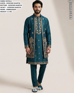Ensemble Kurta Doniyar Shartin pour homme, couleur turquoise, avec broderies, coupe classique, longueur cheville, tenue traditionnelle pour les occasions de mariage - Product Image 1
