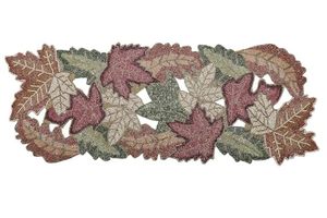 Embroidered Leaf Pattern Table Runner Modern Home Decor Polyester Washable Plant Design - Product Image 2