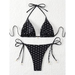 Conjunto de Bikini Personalizado para Mujer con Estampado de Lunares, Top Triangular con Tirantes y Tiras Laterales Ajustables, Tela Elástica - Product Image 5