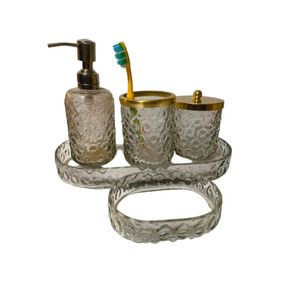 Luxury 5-Piece Gradient Glass <b>Bathroom</b> <b>Accessories</b> <b>Set</b> with Gold Pump Soap Dispenser Round Design - Product Image 3