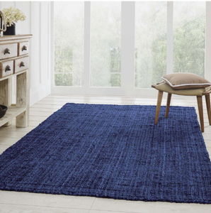 Alfombra de yute azul con borde festoneado, alfombra boho tejida a mano para sala de estar, dormitorio, hoteles, habitaciones comerciales - Product Image 1