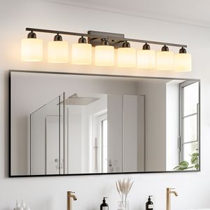 Lampada da Bagno Moderna a 8 Luci, Nero Opaco, 52 Pollici, con Paralume in Vetro Smerigliato Bianco, Illuminazione per Vanità - Product Image 3