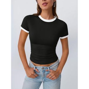 Trendy 2025 Y2K Top corto para mujer Top CORTO BÁSICO con cuello redondo y camisa de manga corta de bloque de color ajustada para el verano - Product Image 4