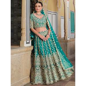 Teal Green <b>Sequins</b> Net Wedding Lehenga Choli Set with Dupatta for Women - Product Image 6