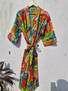 Handprinted Cotton Kimono <b>Robe</b> | Floral Print, Boho <b>Beach</b> Coverup - Product Image 3