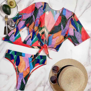 Conjunto de Bikini con Estampado Animal para Mujer, Cintura Alta, Parte Inferior Asimétrica con Drapeado, Logotipo Frontal, Spandex, Poliéster, Dos Piezas Elásticas, Escote en V Profundo - Product Image 4