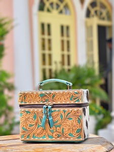 Hot Sale Hand Tooled 100% Genuine Leather Western Stylish <b>Makeup</b> Cosmetic Storage <b>Box</b> Handmade Jewelry <b>Box</b> With Hair On Hide Fur - Product Image 5