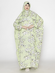 Sage Green Floral Printed 100% Viscose Long Sleeve Maxi Abaya and Matching <b>Hijab</b> Set Traditional Look Islamic Modest Dress - Product Image 2